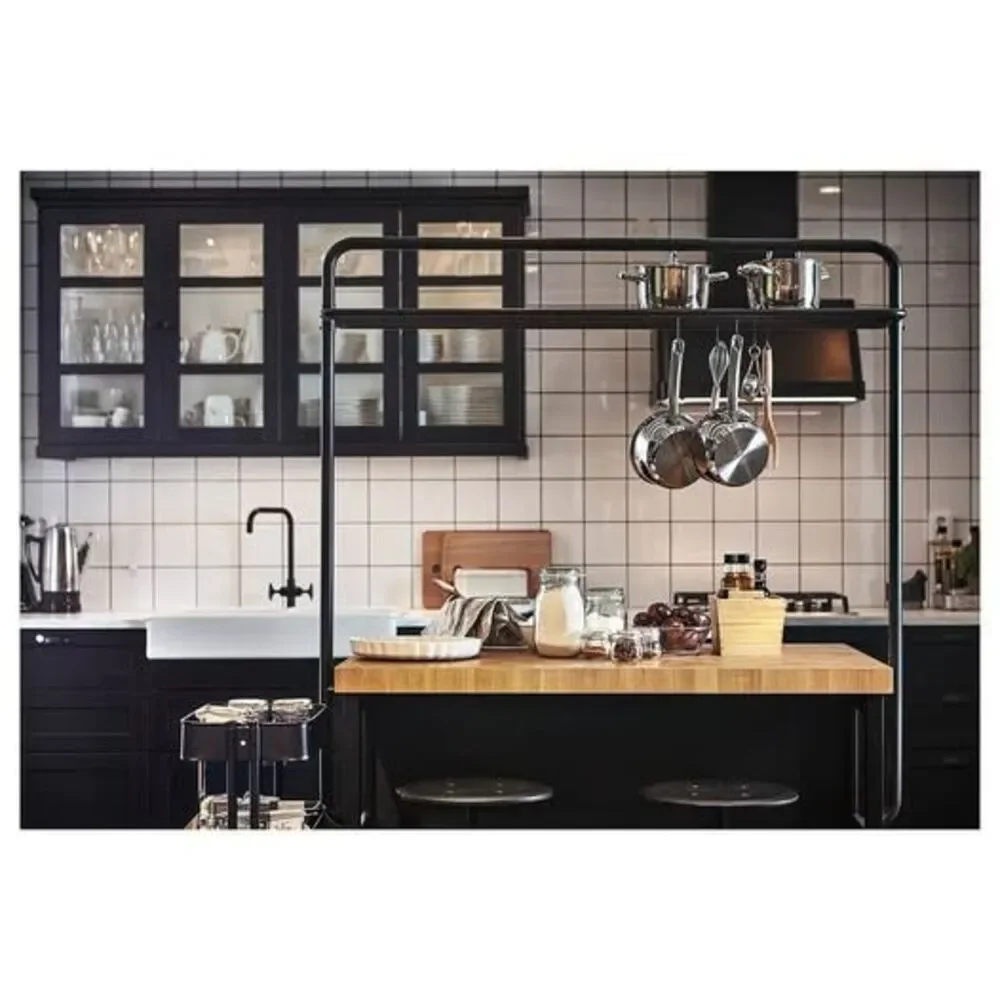 VADHOLMA Kitchen Island w/ Rack Black Oak Butcher Block Top 49 5/8” Excellent